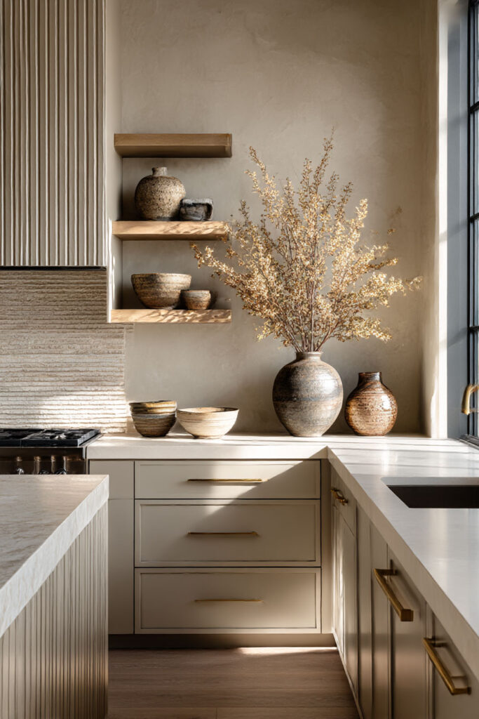 Warm neutral kitchen with ribbed stone backsplash, floating wood shelves, earthy ceramic decor, cream cabinets, and natural sunlight.