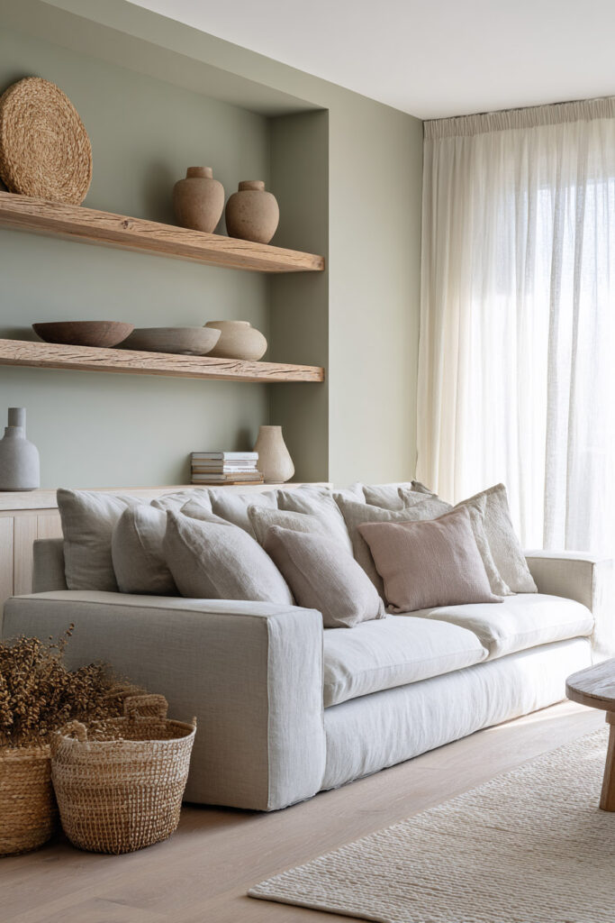 Sage green living room with wood shelves, neutral decor, and soft linen sofa in natural light.