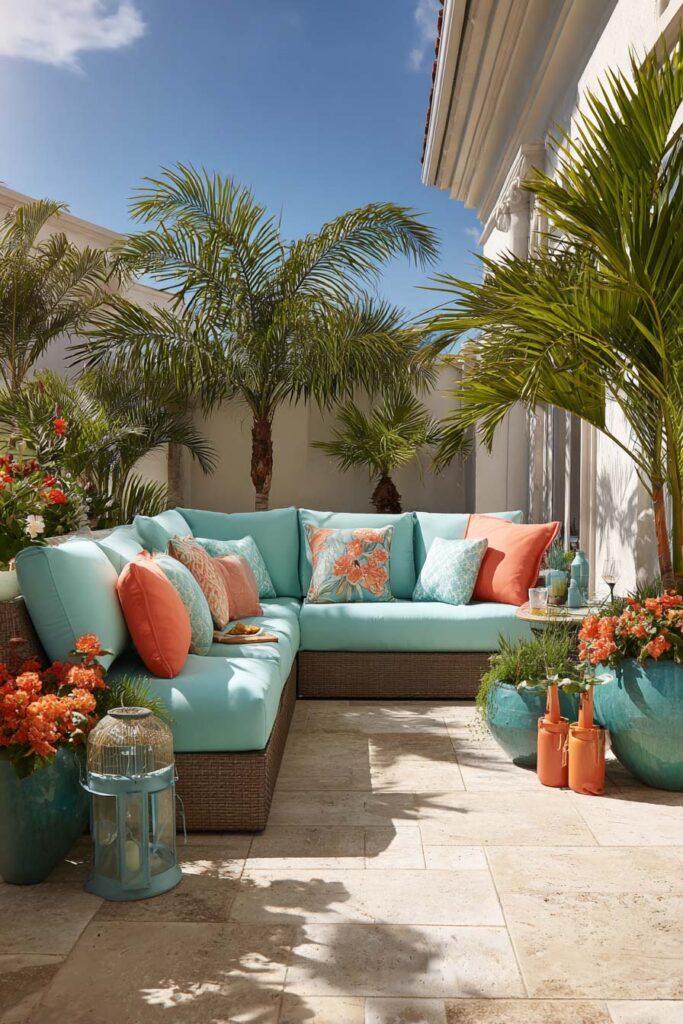 Tropical patio with turquoise and coral cushions, palm plants, and rattan furniture in bright sunlight.