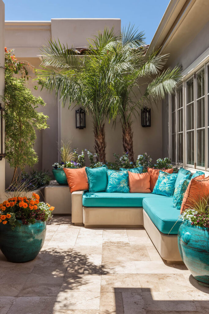 Tropical patio with teal and orange cushions, palm trees, terracotta tiles, and turquoise planters under bright sunlight.