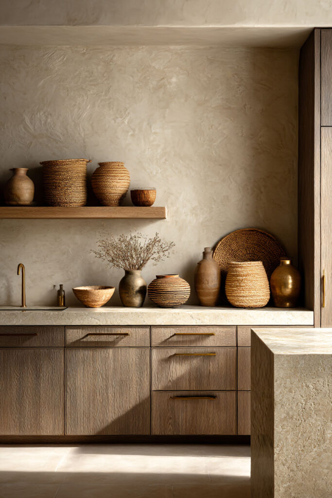Warm neutral kitchen with woven baskets, handcrafted pottery, plaster walls, wood cabinets, and natural layered textures.