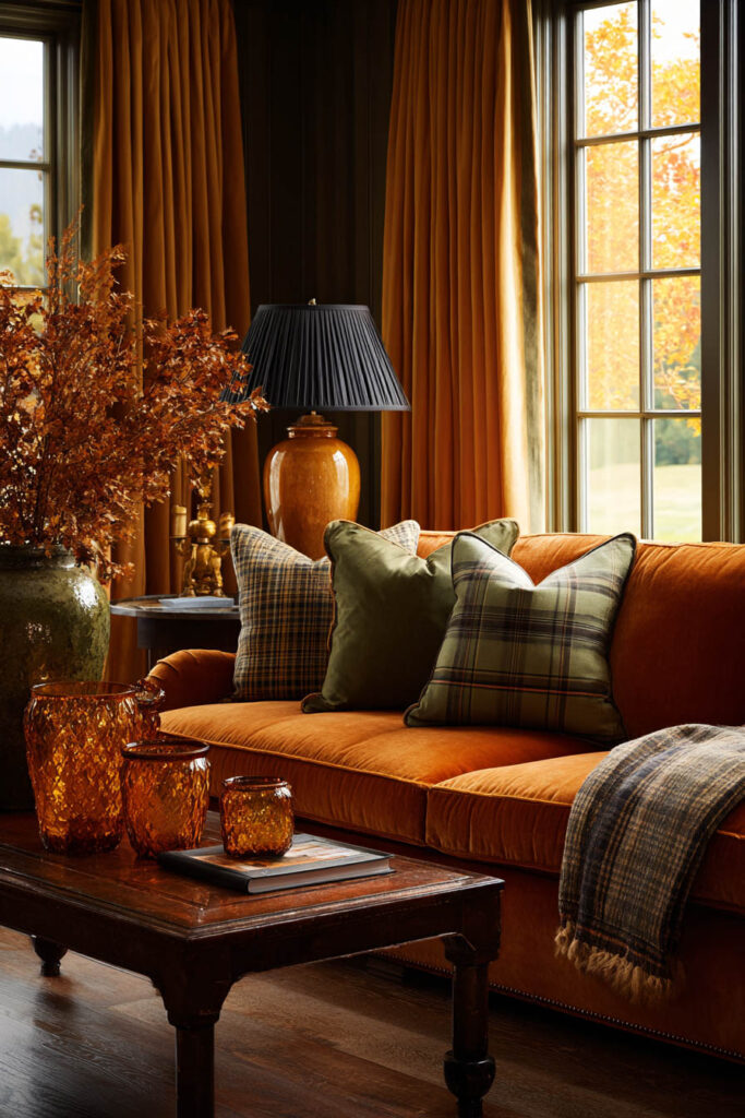Warm autumn living room with amber velvet sofa, plaid pillows, and golden drapes in a cozy fall color palette.