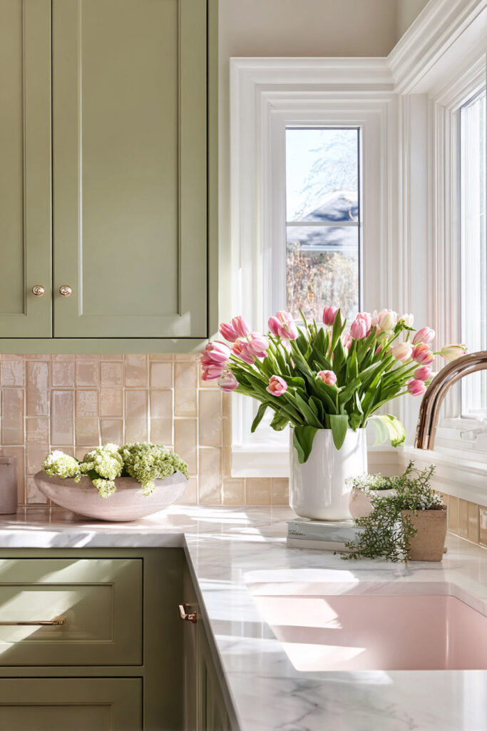 Sage green kitchen with pink tulips, blush backsplash tiles, and marble countertop in bright natural light.