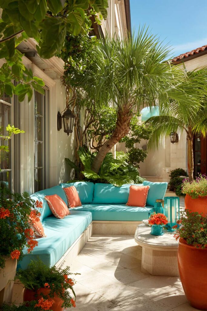 Tropical patio with turquoise cushions, coral pillows, and terracotta planters surrounded by lush palm trees.