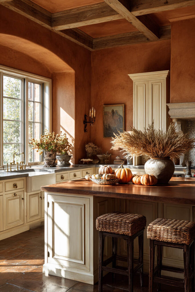 Warm kitchen with terracotta walls, rustic wood beams, and pumpkins decorating the island for fall.