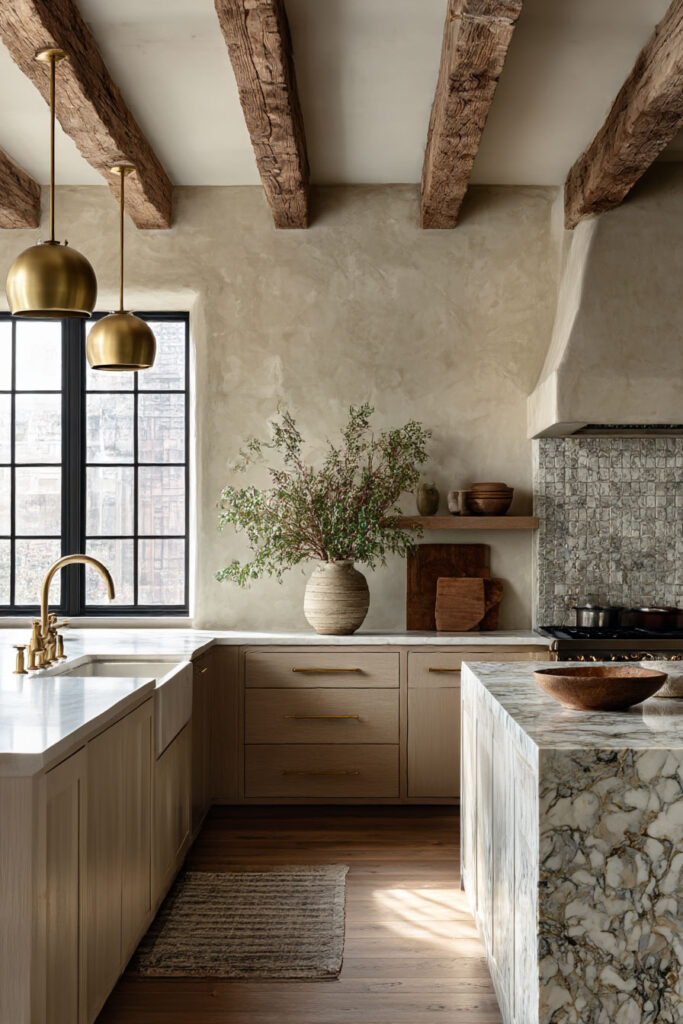 Warm neutral kitchen with rustic ceiling beams, plaster walls, stone island, brass lighting, and natural layered textures.
