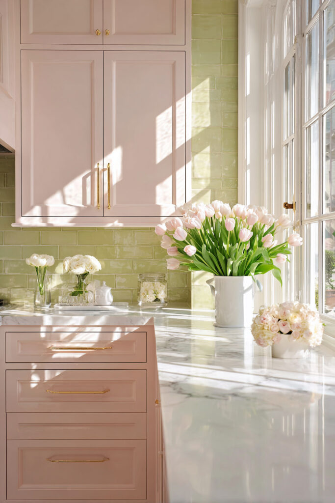 Blush pink kitchen cabinets with sage green backsplash tiles, marble countertops, and vases of tulips and roses in natural sunlight.