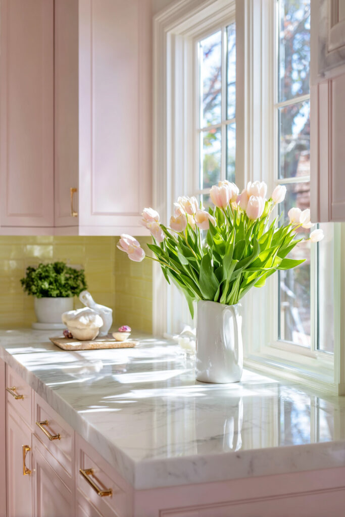 Spring kitchen with blush pink cabinets, yellow backsplash, tulips, and marble countertops.