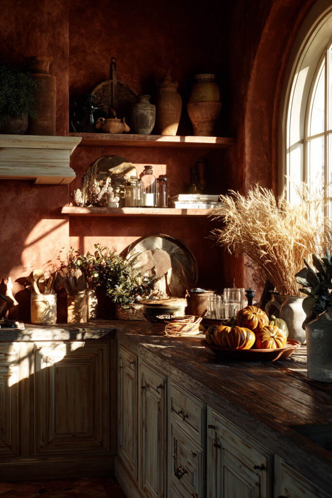 Warm terracotta kitchen with rustic wood counters, dried wheat, and decorative pumpkins in autumn sunlight.