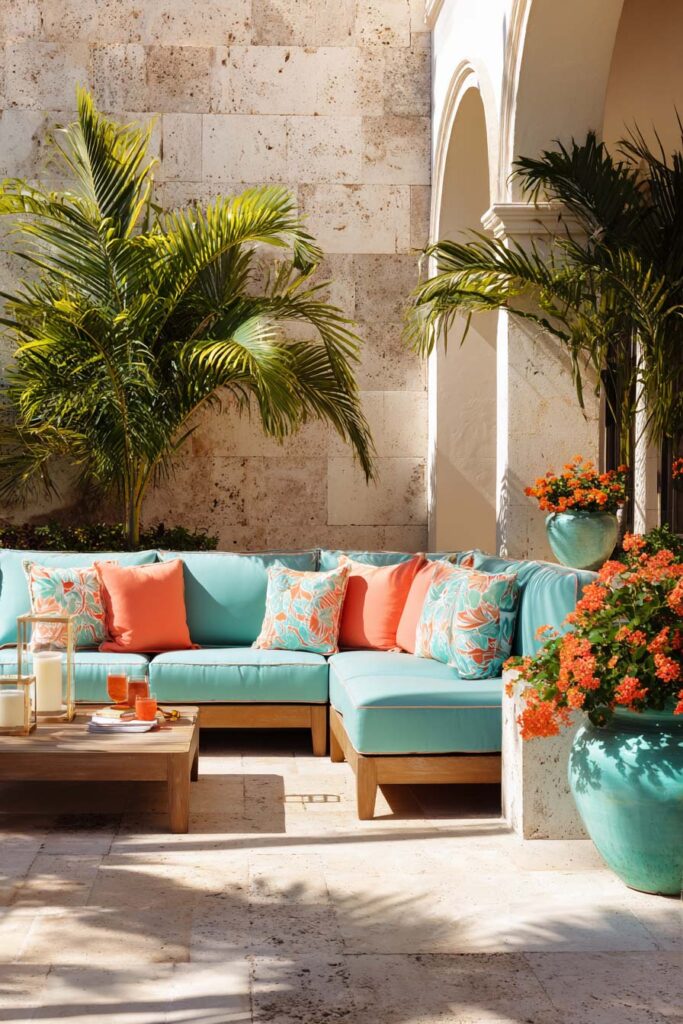 Outdoor patio with turquoise and coral furniture, palm trees, and terracotta planters creating a tropical, colorful design.