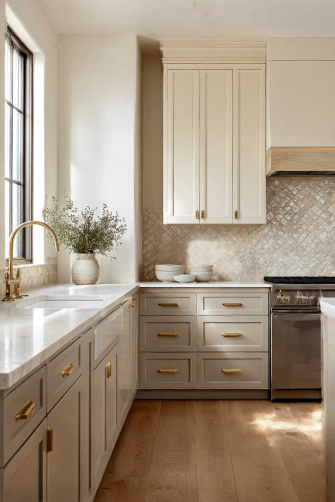 Warm neutral kitchen with cream cabinets, textured tile backsplash, brass hardware, stone countertops, and sunlit window.