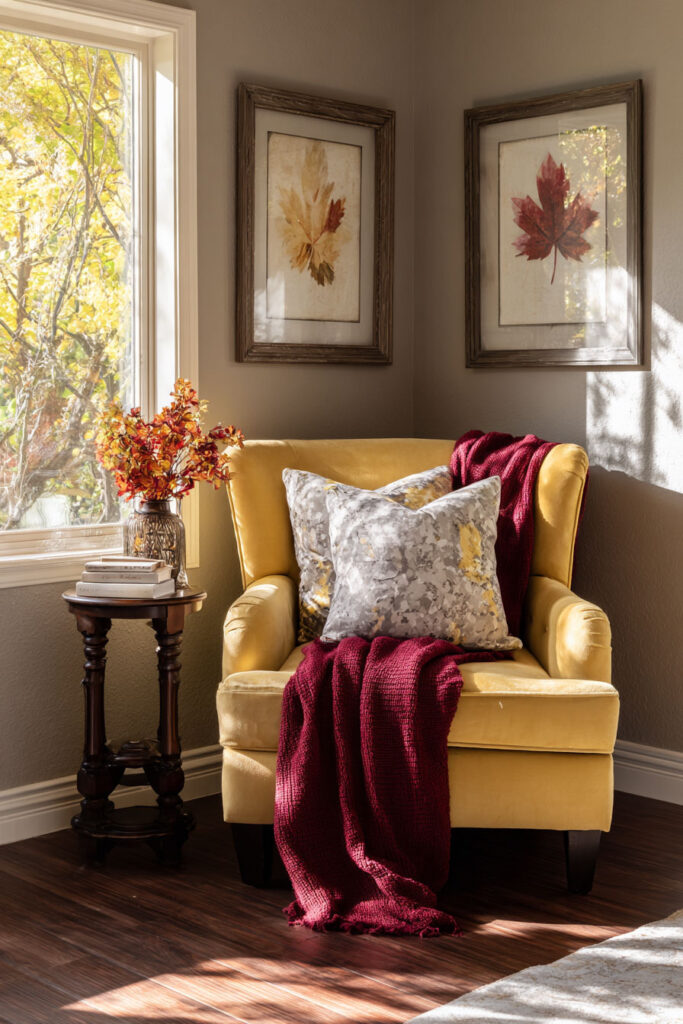 Cozy corner with a mustard yellow armchair, burgundy throw blanket, fall leaf wall art, and a vase of autumn foliage.