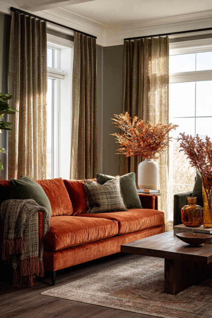 Cozy living room with rust velvet sofa, olive pillows, and autumn decor in warm natural light.