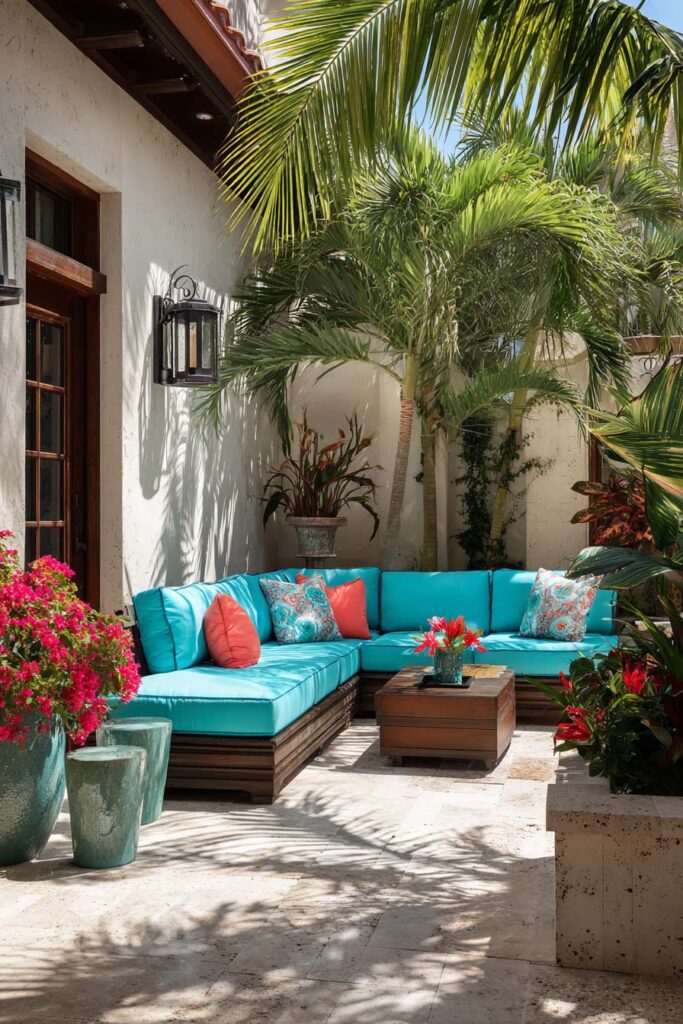 Tropical patio with turquoise cushions, coral pillows, and lush palm plants in a bright summer color palette.