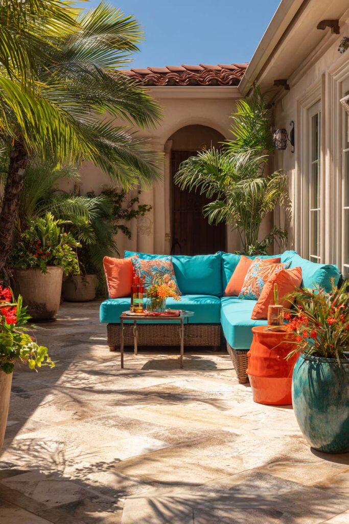 Tropical patio with turquoise and coral outdoor furniture, palm trees, and bright summer decor.