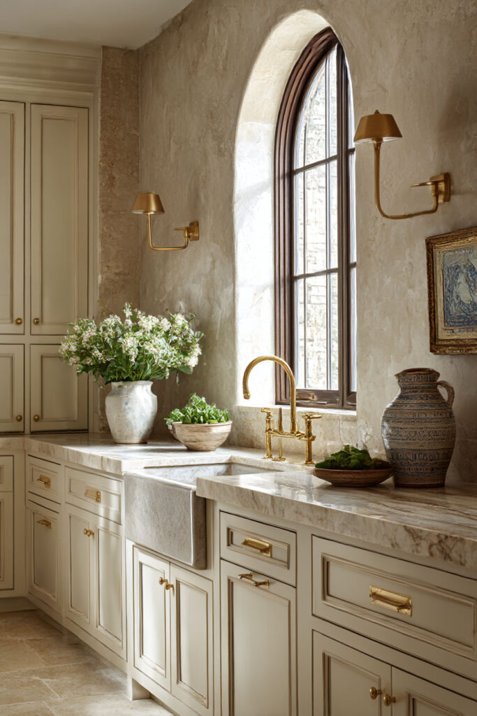 Warm neutral kitchen with arched window, stone walls, marble countertops, farmhouse sink, brass fixtures, and European-inspired decor.