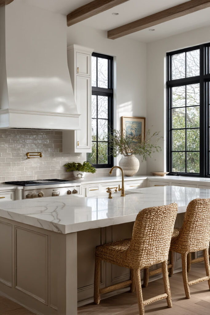 Warm neutral kitchen with black window frames, creamy cabinets, greige tile backsplash, marble countertops, and woven counter stools.