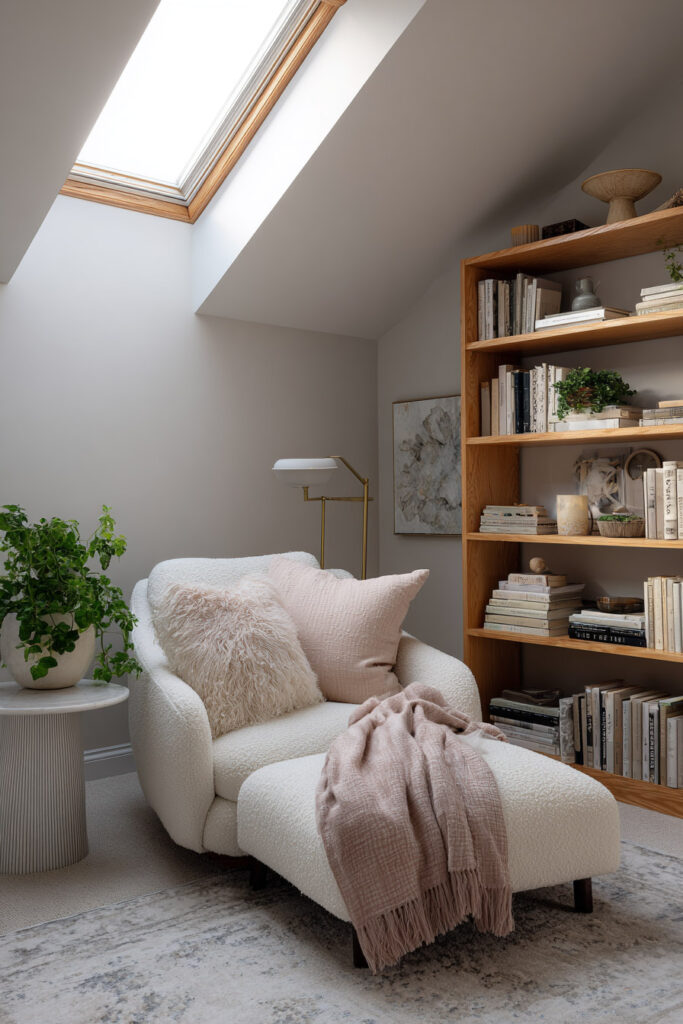 Cozy reading nook with boucle chaise, blush pillows, pink throw, wooden bookshelf, and indoor plant under skylight in soft neutral tones.