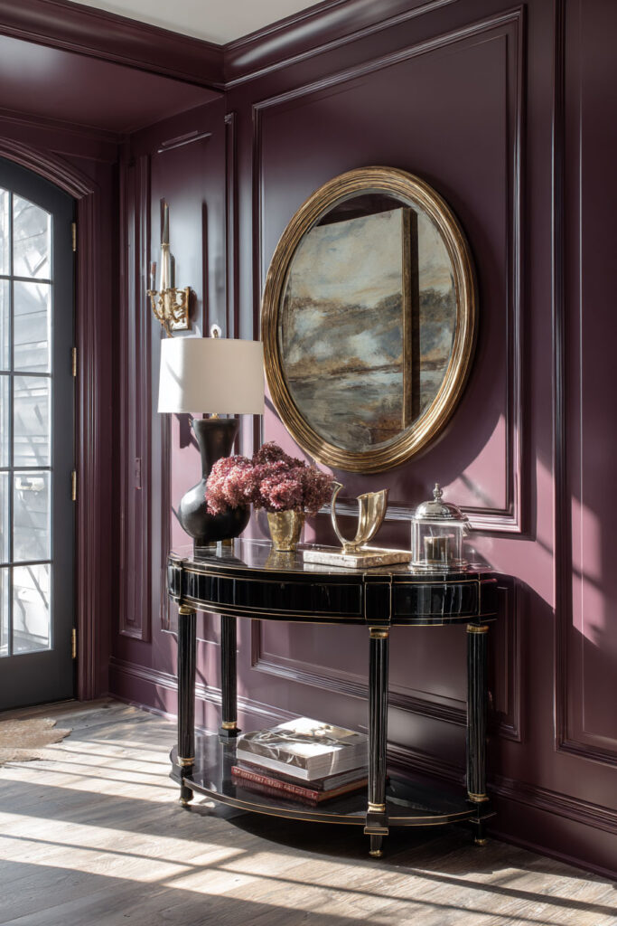 Moody plum entryway with black console table, gold mirror, brass accents, sculptural lamp, and warm natural light for bold decor inspiration.