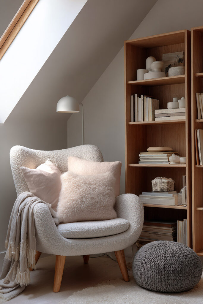 Cozy reading nook with a boucle armchair, soft pink pillows, oak shelving, and warm neutral tones styled under a skylight.