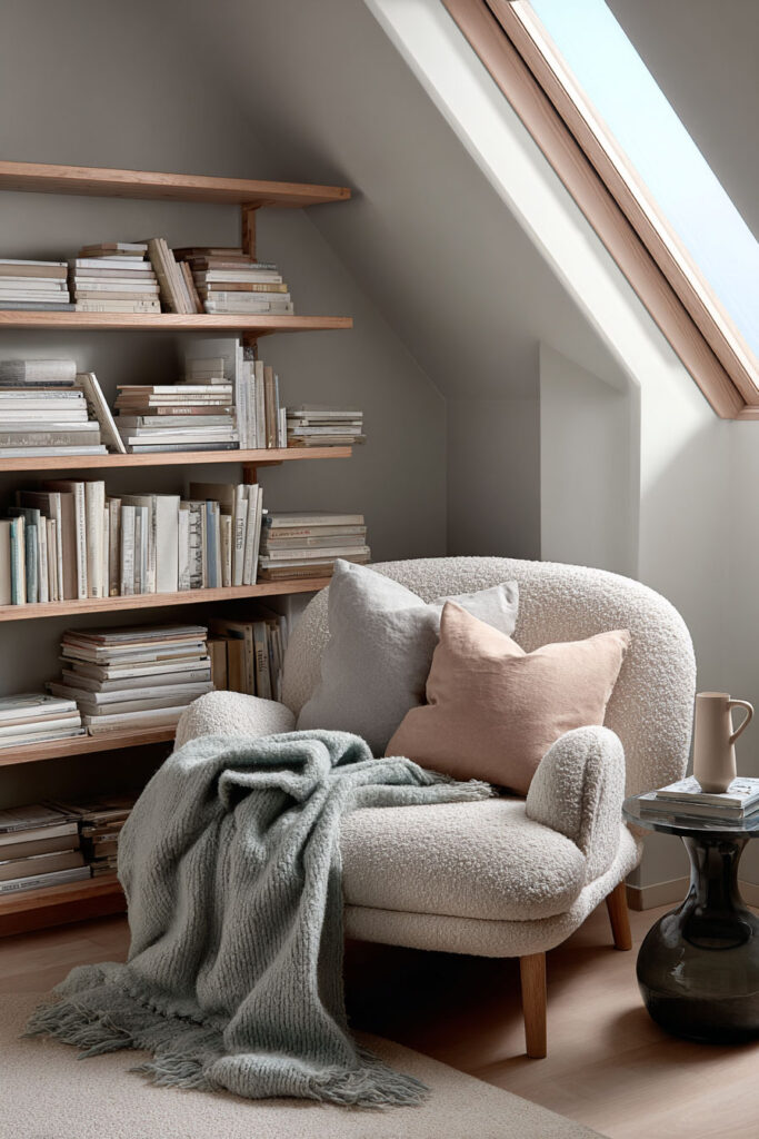 Cozy reading nook with boucle chair, blush and sage pillows, green throw, and wood shelving filled with neutral books under skylight lighting.