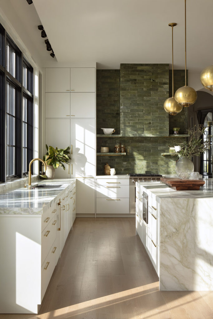 Modern kitchen with green tile backsplash, marble countertops, white cabinets, gold hardware, and black-framed windows in a warm natural color palette.