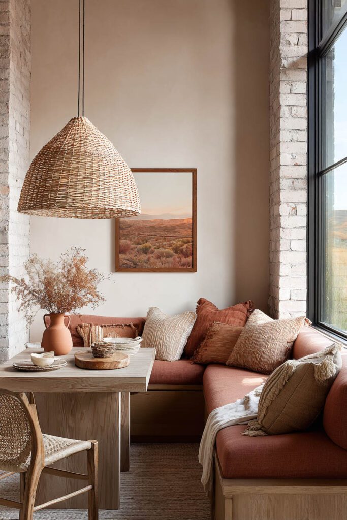 Warm desert dining nook with terracotta cushions, woven rattan pendant light, natural wood table, neutral textiles, and desert landscape art.