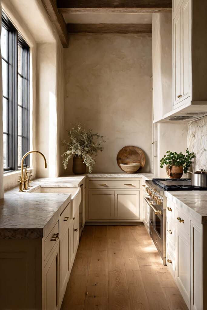Warm neutral kitchen with cream cabinets, marble countertops, brass faucet, black-framed windows, plaster walls, wood floors, and rustic decor.
