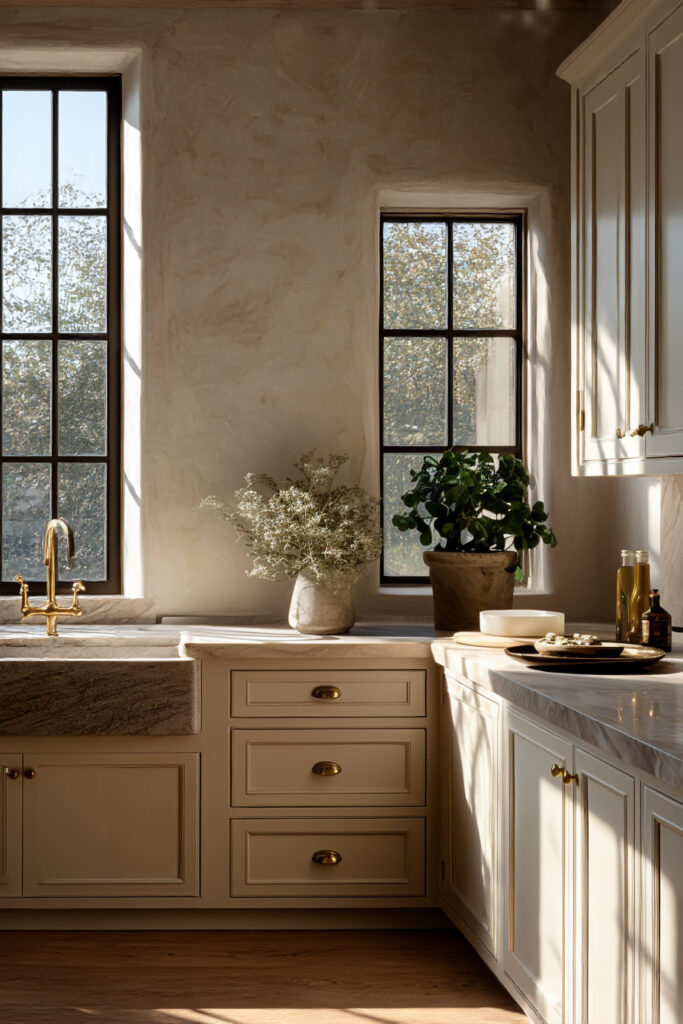 Warm neutral kitchen with plaster walls, brass hardware, creamy cabinets, stone countertops, and natural light through black-framed windows.