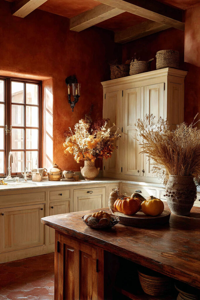Rustic fall kitchen with terracotta walls, wooden cabinets, dried flowers, and pumpkins for seasonal decor.