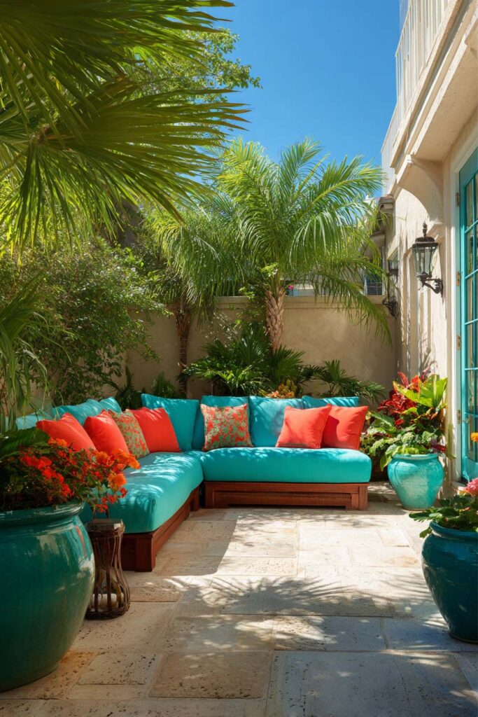 Tropical outdoor patio with turquoise and coral cushions surrounded by lush palm plants.