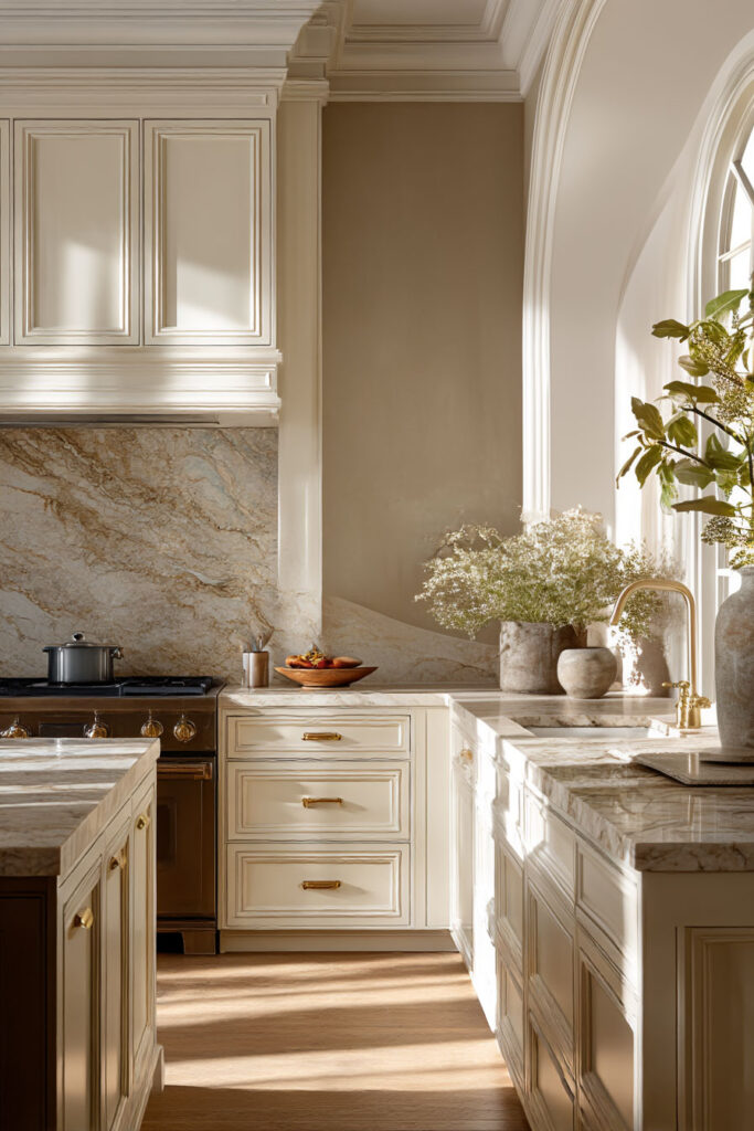 Warm neutral kitchen with creamy cabinets, arched window, marble countertops, brass hardware, and natural styling accents.