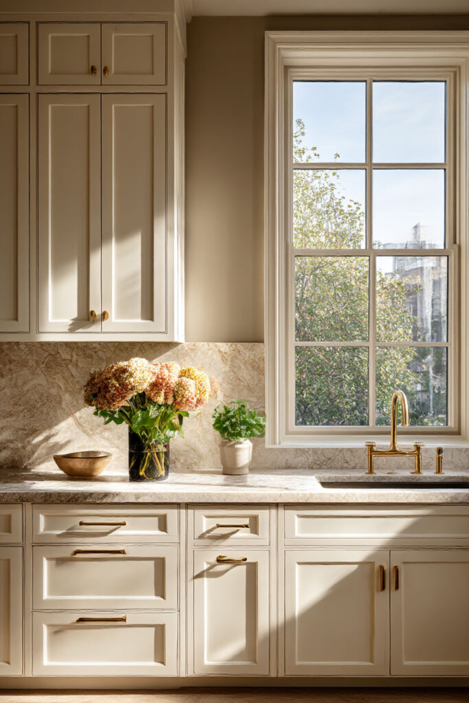 Warm neutral kitchen with creamy cabinets, brass hardware, stone backsplash, hydrangea bouquet, and sunlit window.