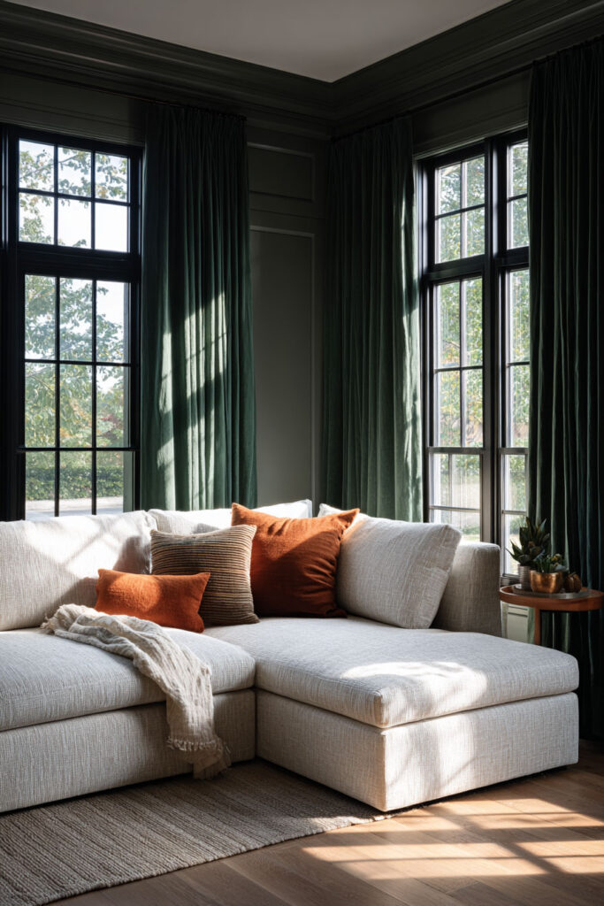 Dark green living room with velvet curtains, a cream sectional sofa, and rust-toned accent pillows for a moody, elegant look.