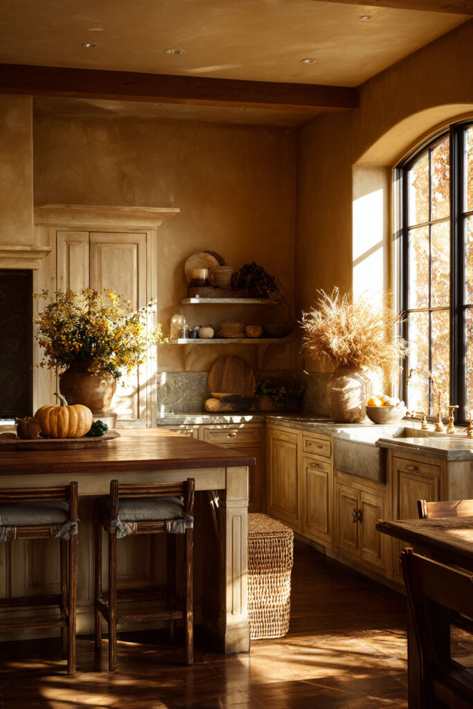 Golden rustic kitchen with pumpkins, dried flowers, and warm fall decor illuminated by natural sunlight.