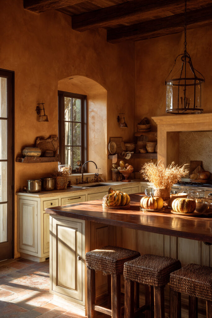 Rustic Tuscan kitchen with warm amber walls, wooden beams, and fall decor with pumpkins and dried wheat.