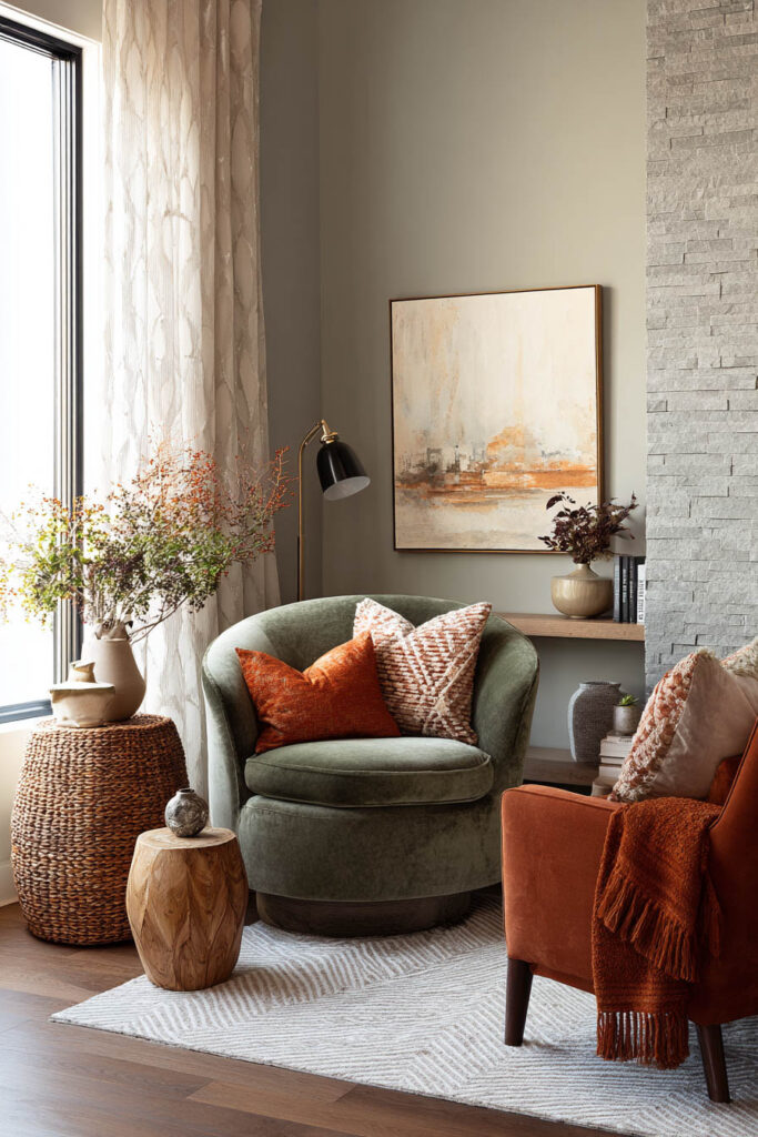 Living room corner with sage green and rust chairs, natural textures, and warm earthy decor.
