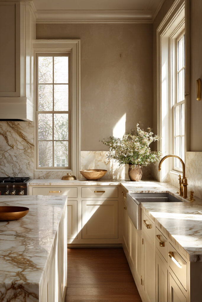 Warm neutral kitchen with marble countertops, brass hardware, farmhouse sink, and sunlit beige walls.