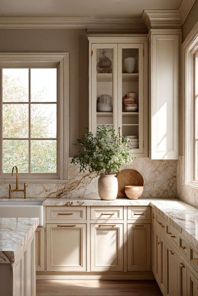 Warm neutral kitchen with glass-front cabinets, marble countertops, brass hardware, and natural styling accents.