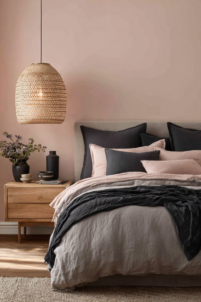 Blush pink bedroom with charcoal linens, woven pendant light, and natural wood nightstand for a cozy modern look.