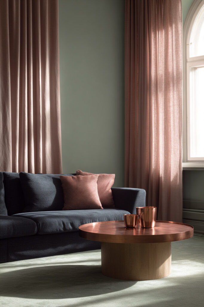 Modern living room with sage green walls, blush curtains, copper coffee table, and navy sofa.