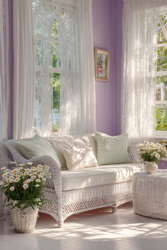 Spring sitting room with lavender walls, white wicker furniture, lace curtains, and daisies.