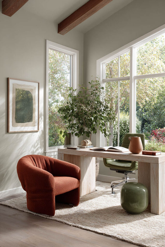 Home office with terracotta chair, light oak desk, and sage green accents in natural sunlight.