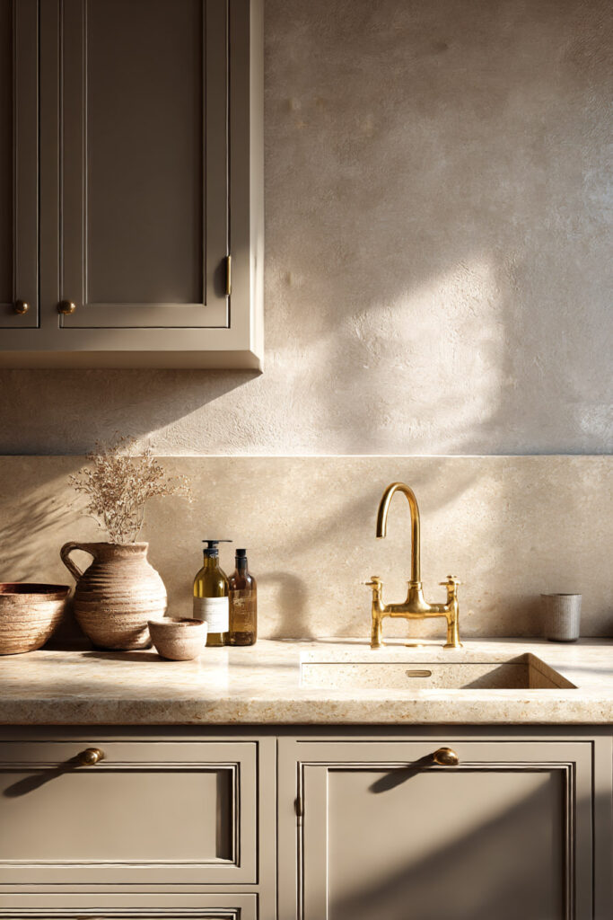 Warm neutral kitchen with brass faucet, textured plaster walls, stone countertop, and rustic ceramic decor.