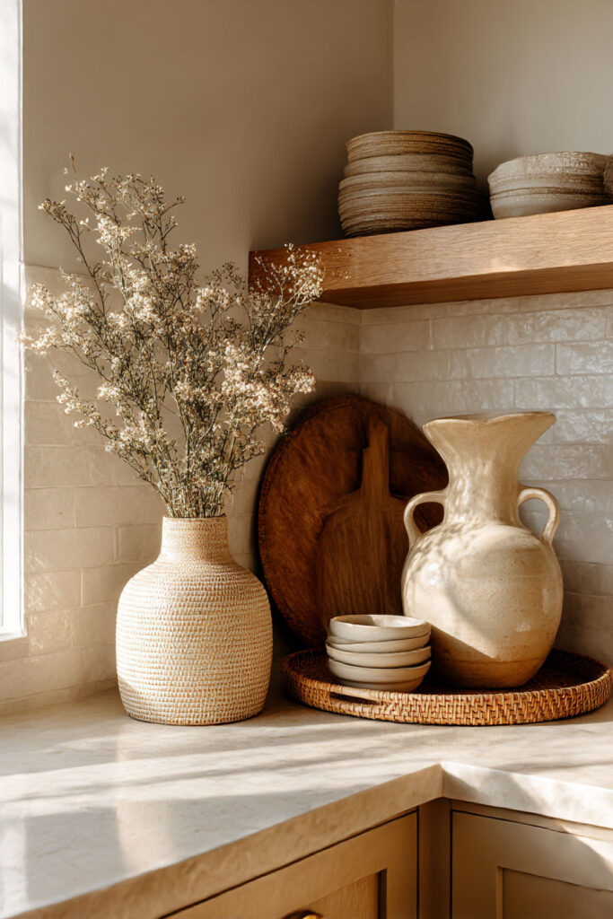 Warm neutral kitchen corner with ceramic vases, stacked stoneware dishes, wood accents, and a rattan tray on marble countertops.
