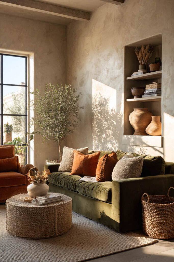 Earthy living room with olive green sofa, rust pillows, woven textures, and natural sunlight.