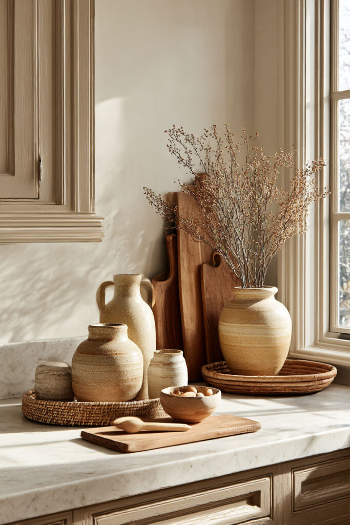 Warm neutral kitchen countertop styled with ceramic vases, wooden boards, woven trays, and natural accents.