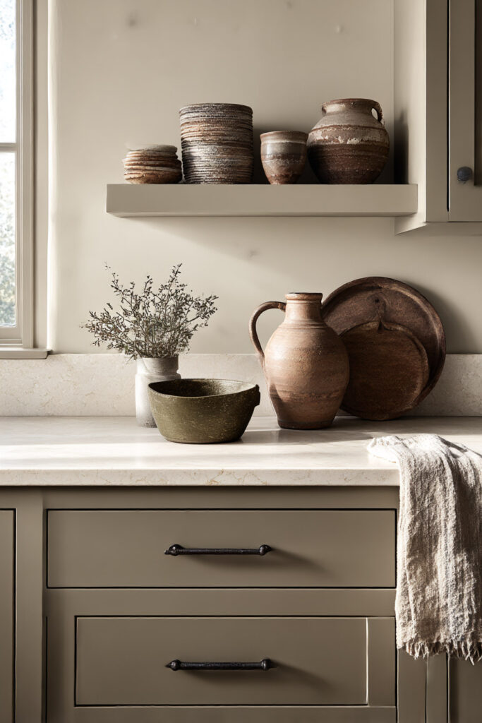 Warm neutral kitchen countertop with rustic pottery, stacked bowls, dried greenery, and floating shelf decor.