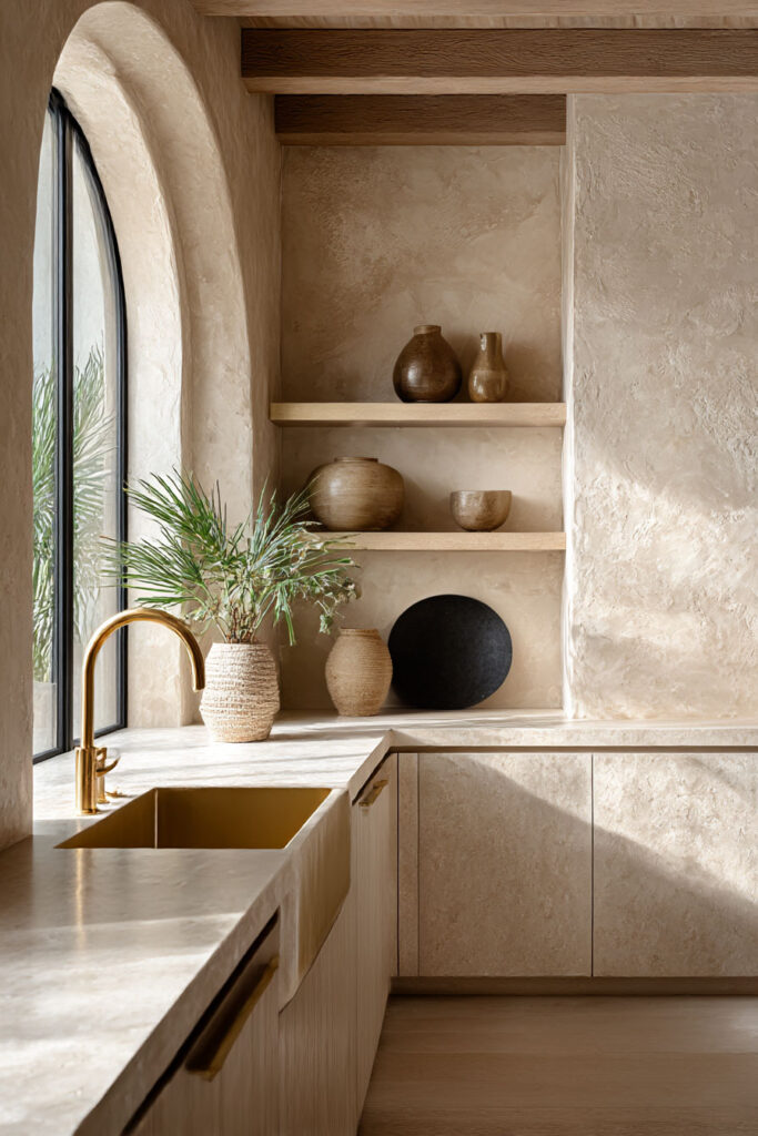 Warm neutral kitchen with arched window, stone finishes, brass faucet, and styled shelves with ceramic décor.