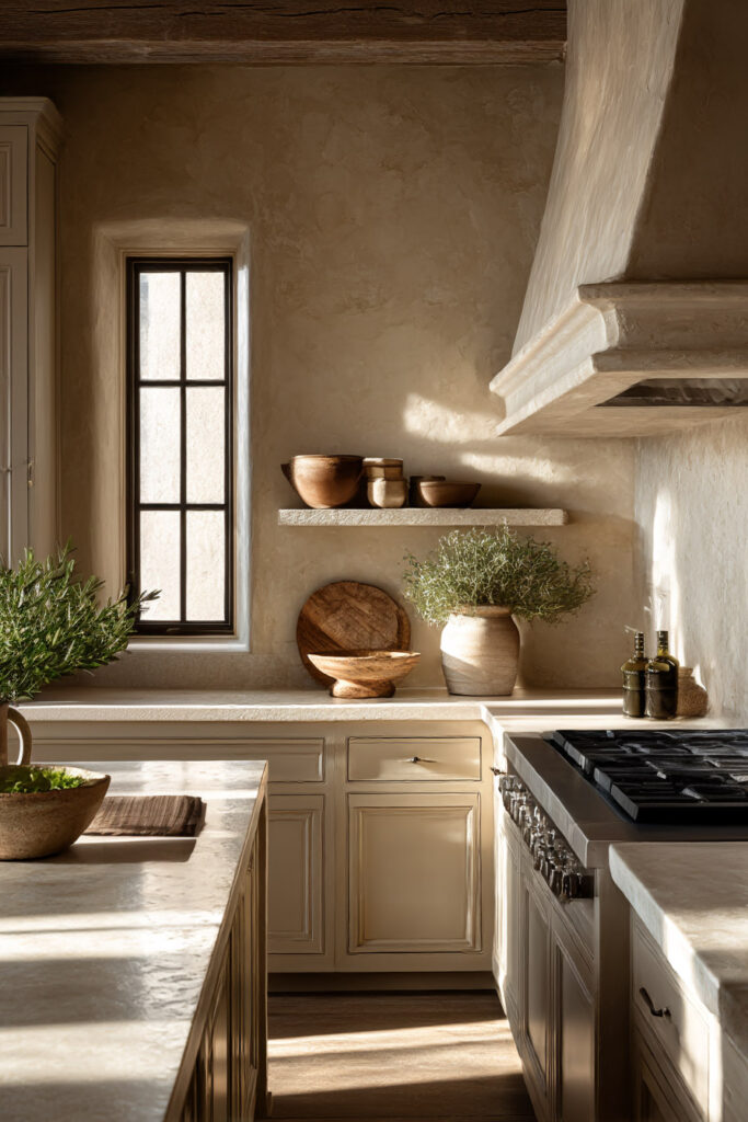 Warm neutral kitchen with soft natural light, plaster walls, rustic wood bowls, open shelves, and greenery styling.
